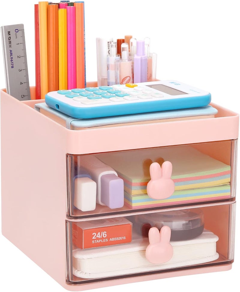 LETURE Small Desk Organizer With Drawer, Office Desktop Storage Box, Business Card/Pen/Pencil/Mobile Phone/Stationery Holder Storage Box, Makeup Organizer for Office School Home (Pink) - Image 1